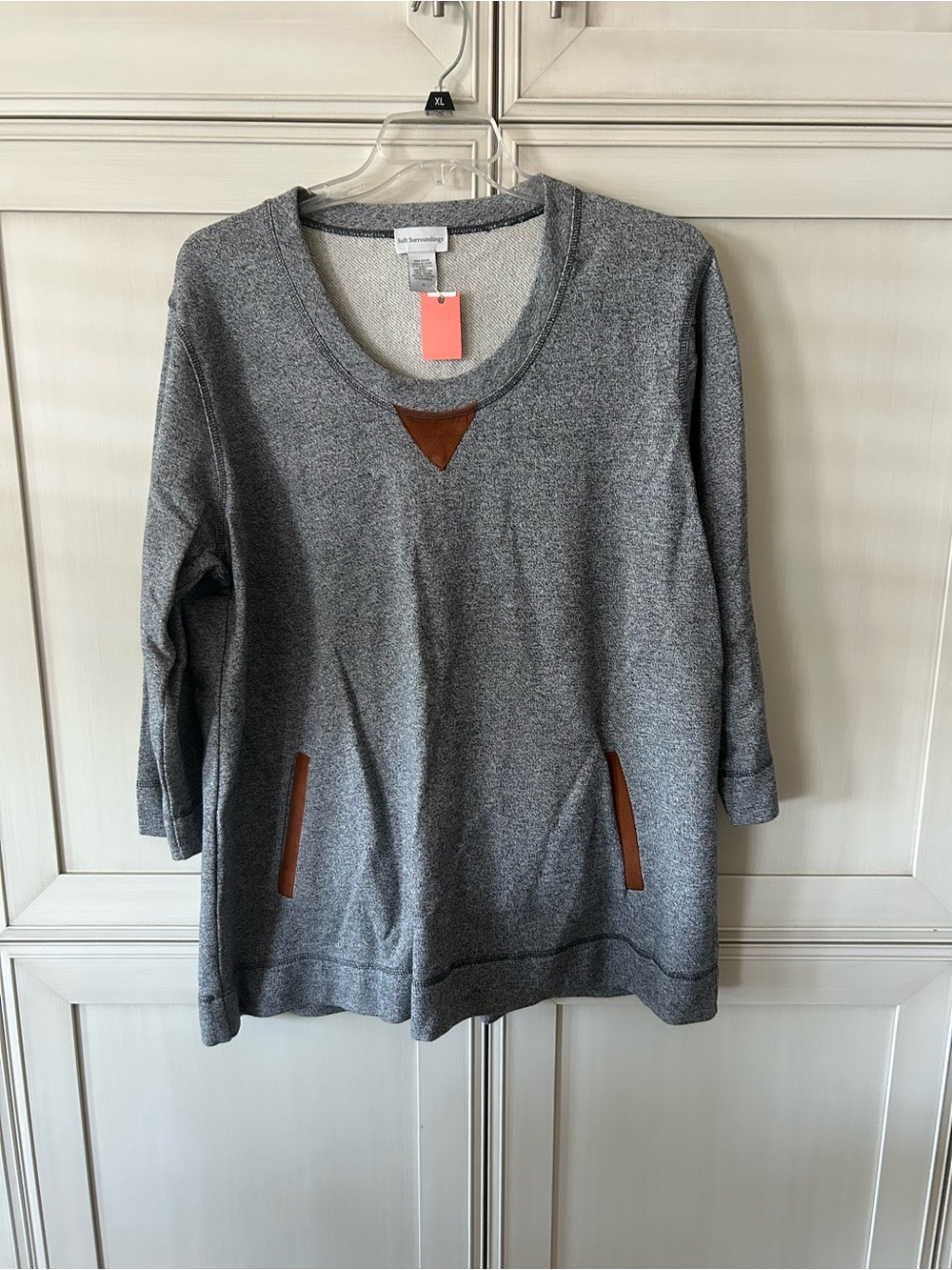 Soft Surroundings Heather Gray Sweatshirt with Brown Trim